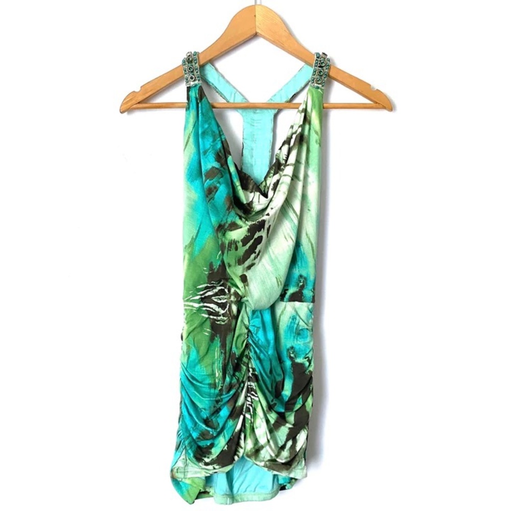 SKY GREEN/BLUE BEADED RAZORBACK RUCHED TOP- SIZE M